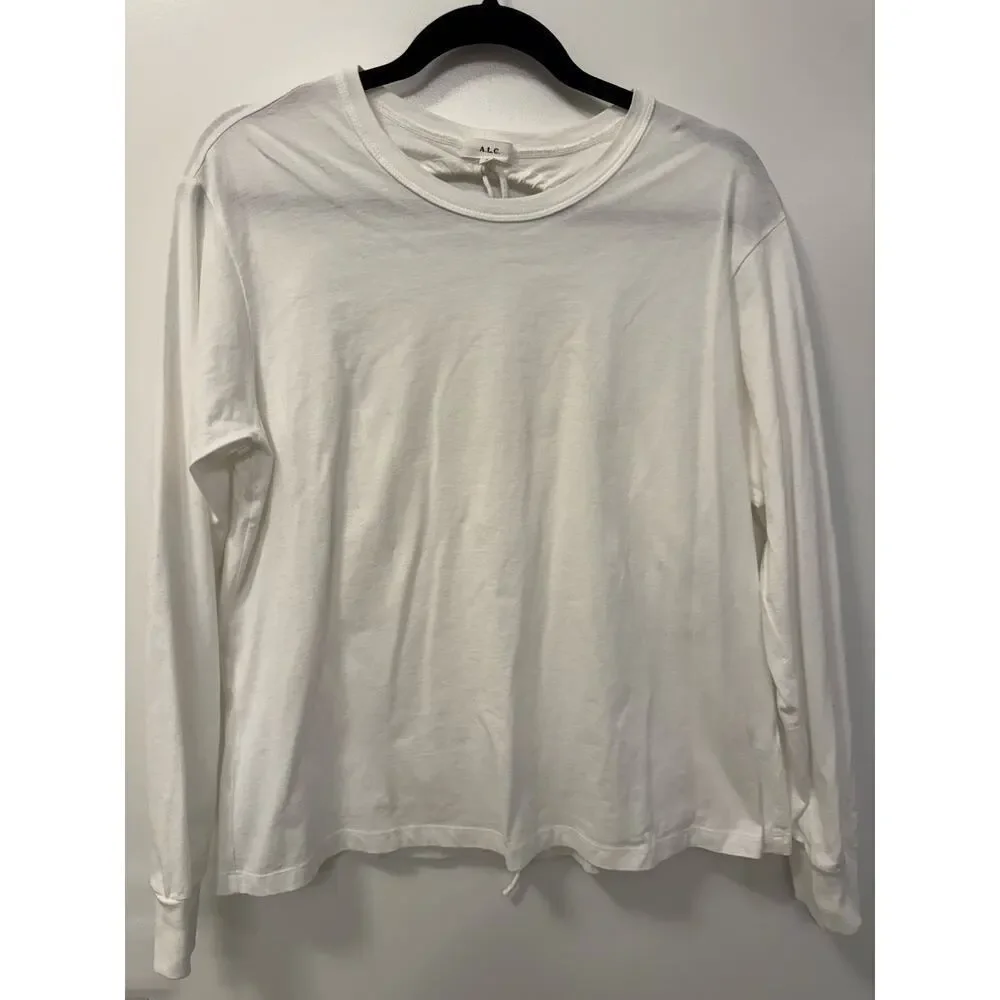 A.L.C Marco T-Shirt Women's L White Cotton Open Tie Back Crew Neck Long Sleeve